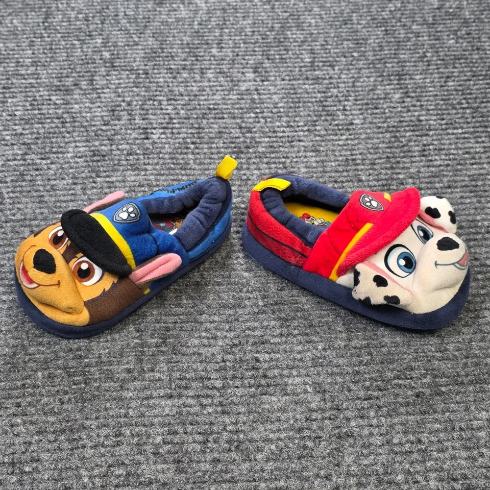 Paw Patrol Chase & Marshall Plush Slippers Boy's Size M 7/8 Blue Red  Slip On
